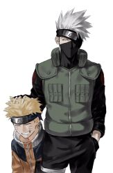 Rule 34 | 2boys, black gloves, black pants, black shirt, blonde hair, closed eyes, covered mouth, facial mark, flak jacket, forehead protector, gloves, green jacket, grin, hand in pocket, hand on another&#039;s head, hatake kakashi, highres, jacket, konohagakure shinobi uniform, konohagakure symbol, long sleeves, male focus, mask, multiple boys, naruto (series), one eye covered, orange jacket, pants, shirt, simple background, smile, sso s, standing, teeth, uzumaki naruto, whisker markings, white background, white hair, zipper, zipper pull tab