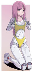 1girl black_eyes highres kneeling long_hair looking_at_viewer mechanical_arms mechanical_legs one-piece_swimsuit original pink_background pink_hair pulling_own_clothes robot sukabu swimsuit