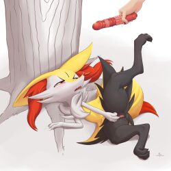 1girl absurdres animal_ear_fluff animal_ears animal_feet animal_hands animal_nose animal_pussy anus anus_peek artist_name black_fur blush body_fur braixen breath canine_pussy claw_mark claws clitoral_stimulation clitoris dildo disembodied_hand ears_down fangs feet female_focus female_masturbation fox_ears fox_girl fox_tail full_body furry furry_female gen_6_pokemon half-closed_eyes highres holding holding_sex_toy leg_up looking_up lying masturbation multicolored_fur neck_fur nintendo on_side open_mouth pawpads pokemon pokemon_(creature) pussy pussy_juice red_eyes sex_toy signature snout solo_focus spread_legs spread_pussy spreading_own_pussy stoic5 sweat tail toes tongue tree uncensored white_background white_fur yellow_fur