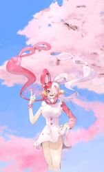 1girl blue_sky bracelet cherry_blossoms dress elbow_gloves falling_petals gloves hair_over_one_eye headphones highres jewelry looking_at_viewer one_piece one_piece_film:_red open_mouth petals pink_petals purple_eyes red_gloves red_ribbon red_shirt ribbon shirt short_dress single_elbow_glove sky smile solo sub_lemolemon twintails uta_(one_piece) white_dress white_shirt