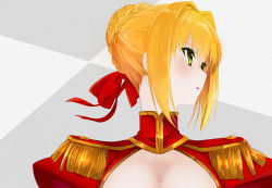 Rule 34 | 10s, 1girl, bad id, bad pixiv id, blonde hair, blush, bow, braid, breasts, cleavage, epaulettes, fate/extra, fate (series), female focus, green eyes, hair bow, hair bun, hair intakes, hair ribbon, highres, nero claudius (fate), nero claudius (fate) (all), nero claudius (fate/extra), parted lips, portrait, profile, puffy sleeves, red bow, red ribbon, red shirt, ribbon, shirt, single hair bun, solo, tanaka kii