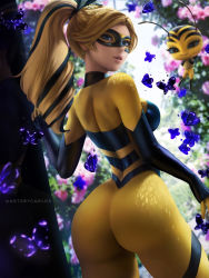 1girl artist_name artsbycarlos ass blonde_hair blue_eyes bodysuit bug butterfly chloe_bourgeois domino_mask flower highres insect kwami looking_at_viewer looking_back mask miraculous_ladybug parted_lips pollen_(miraculous_ladybug) ponytail queen_bee_(miraculous_ladybug) solo