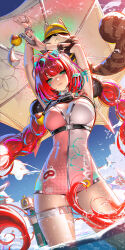 1girl armpits arms_up blush breasts closed_mouth from_below green_eyes highres holding kama_(zenless_zone_zero) large_breasts liang_xing long_hair looking_at_viewer looking_down official_alternate_costume outdoors raccoon red_hair smile standing thigh_strap thighs ukinami_yuzuha ukinami_yuzuha_(tanuki_in_broad_daylight) umbrella very_long_hair water wet zenless_zone_zero