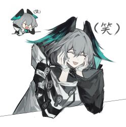 1girl :d arknights asymmetrical_sleeves chibi chibi_inset closed_eyes coat facing_viewer grey_coat grey_hair hair_between_eyes hands_on_own_cheeks hands_on_own_face head_wings highres ho&#039;olheyak_(arknights) hood hood_down hooded_coat inset long_sleeves mismatched_sleeves open_mouth potettoe short_hair simple_background sketch smile solo upper_body white_background wings