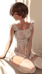 1girl dark_skin earrings highres jewelry looking_at_viewer navel necklace rakuga_kiya red_eyes short_hair tagme