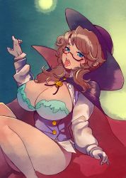 1girl ahegao black-framed_eyewear blue_eyes breasts brown_hair buttons cape cleavage collared_shirt dress_shirt female_focus gloves hat highres large_breasts long_hair low_twintails open_mouth popped_collar purple_cape purple_hat semi-rimless_eyewear shirt solo teeth tongue tongue_out touhou tsuutenkaaku twintails unbuttoned unbuttoned_shirt under-rim_eyewear usami_sumireko white_gloves white_shirt