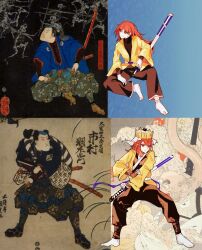 Rule 34 | 1other, androgynous, bad id, bad tumblr id, belt, belt buckle, black kimono, black pants, black shirt, buckle, closed mouth, commentary, crown, derivative work, english commentary, fighting stance, frown, hair between eyes, hand on hilt, hand on own leg, haori, hart kazami, highres, jacket, japanese clothes, katana, kimono, layered sleeves, len&#039;en, long hair, long sleeves, multiple views, ooya kunimitsu, other focus, pants, red eyes, red hair, reference inset, ribbon-trimmed sleeves, ribbon trim, shirt, smile, socks, sword, tabi, turtleneck, turtleneck shirt, veil, weapon, white belt, white socks, white veil, wide sleeves, yellow crown, yellow jacket
