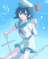 1girl 2025 anchor anchor_symbol black_hair blue_background blue_eyes collared_shirt dated feet_out_of_frame gradient_background hat highres holding holding_ladle ladle looking_at_viewer midriff murasa_minamitsu neckerchief red_neckerchief sailor_hat shirt short_hair short_sleeves shorts solo touhou white_hat white_shirt white_shorts yakubyougami_(user_hdjz8322)