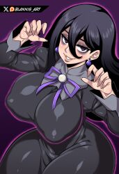 1girl absurdres artist_name aura bags_under_eyes black_dress black_hair blannis breasts collar covered_erect_nipples cowboy_shot curvy detached_collar dress earrings eyebrows eyelashes eyeshadow female_focus fingernails from_above goth_fashion grey_collar grin hair_between_eyes hands_up hex_maniac_(pokemon) hex_maniac_(pokemon_legends:_z-a) highres huge_breasts jewelry lips long_fingernails long_hair long_sleeves looking_at_viewer looking_up makeup mature_female neck_ribbon nintendo pokemon pokemon_legends:_z-a purple_aura purple_background purple_eyes purple_eyeshadow purple_ribbon ribbon simple_background smile smug solo teeth thighs wide_hips