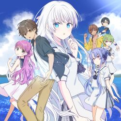 3boys 4girls arm_at_side ascot black_ascot black_bow black_gloves black_shirt blue_butterfly blue_eyes blue_hair blue_sailor_collar blue_sky blunt_ends bow braid brown_eyes brown_hair bug butterfly cloud commentary_request cowboy_shot crocodile_hair_ornament crown_braid cumulonimbus_cloud dark-skinned_male dark_skin day dress eyelashes feet_out_of_frame floating_hair gloves glowing_butterfly green_hair grin hair_between_eyes hair_bow hair_bun hair_over_one_eye hand_up heart highres holding_table_tennis_paddle insect kanou_tenzen katou_umi long_hair looking_back miniskirt mitani_ryouichi multiple_boys multiple_girls naruse_shiroha nomura_miki ocean one_eye_covered open_clothes open_shirt outdoors pink_eyes pink_hair puffy_short_sleeves puffy_sleeves purple_eyes red_eyes sailor_collar sailor_dress school_uniform serafuku shirt short_dress short_hair short_sleeves sidelocks single_hair_bun skirt sky sleeveless sleeveless_dress smile sorakado_ao spiked_hair spoken_heart summer_pockets summer_pockets_school_uniform takahara_hairi tan two_side_up very_long_hair white_dress white_hair white_sailor_collar white_serafuku white_shirt white_skirt wogura