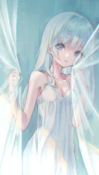 1girl bare_shoulders blue_eyes breasts cleavage collarbone commentary_request cowboy_shot curtains dress highres holding_curtain light_particles long_hair looking_at_viewer marutani original parted_lips sleeveless sleeveless_dress small_breasts solo spaghetti_strap standing white_dress white_hair