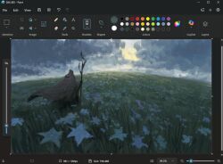 Rule 34 | 1other, art program in frame, brown cloak, christian young, cloak, cloud, cloudy sky, day, field, flower, flower field, from behind, full body, holding, holding staff, hood, hood up, horizon, landscape, microsoft paint (medium), microsoft paint (software), original, outdoors, painterly, scenery, screencap, sky, solo, staff, standing, too many flowers, white lily, wind, wind lift