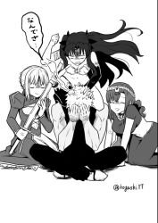 1boy 3girls angry archer_(fate) artist_name artoria_pendragon_(fate) assertive_female fate/grand_order fate_(series) greyscale ishtar_(fate) kogashi17 long_hair monochrome multiple_girls parvati_(fate) saber_(fate) signature simple_background smile speech_bubble spiked_hair twitter_username