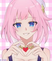 1girl absurdres blue_eyes checkered_background coat collarbone commentary_request cyrene_(honkai:_star_rail) four-finger_heart_hands hair_ornament heart heart_hands highres honkai:_star_rail honkai_(series) jewelry looking_at_viewer medium_hair multicolored_hair necklace pink_hair pink_pupils purple_coat smile solo two-tone_hair upper_body white_hair yuzi_(luas099779)