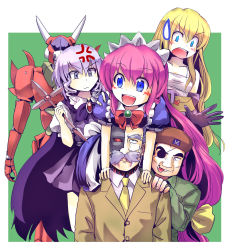 Rule 34 | 2boys, 3girls, :d, :p, anger vein, angry, blonde hair, blue hair, cross, culter, cyborg, erich (seihou), eyepatch, gates (seihou), grey hair, kioh gyoku, letter, magician, maid, marie (seihou), multiple boys, multiple girls, muse (seihou), open mouth, pink hair, robot, seihou, smile, soldier, surprised, sweatdrop, tongue, tongue out, vampire, vivit