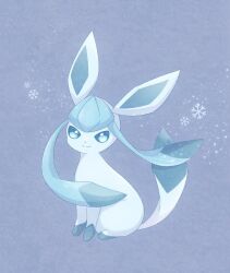 animal_focus appyon_(archangel_ayp) blue_eyes blue_theme commentary_request gen_4_pokemon glaceon highres looking_at_viewer nintendo no_humans pokemon pokemon_(creature) sitting smile snowflakes solo