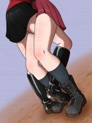 Rule 34 | 2girls, bare legs, black boots, black shoes, black skirt, black socks, boots, cocoa maroon, darjeeling (girls und panzer), girls und panzer, highres, interlocked legs, itsumi erika, kuromorimine military uniform, lace-up boots, legs, lower body, multiple girls, pleated skirt, red skirt, shoes, skirt, socks, st. gloriana&#039;s military uniform, thighs, yuri
