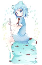 1girl :q bad_id bad_pixiv_id barefoot beamed_eighth_notes beamed_sixteenth_notes blue_dress blue_eyes blue_hair blush bow brown_bow closed_mouth commentary dress eighth_note english_commentary female_focus food full_body highres holding holding_spoon ice_cream in_food musical_note original polka_dot polka_dot_dress puffy_short_sleeves puffy_sleeves quarter_note short_eyebrows short_sleeves simple_background sitting smile solo spoon thick_eyebrows tongue tongue_out treble_clef tsukiyo_(skymint) white_background
