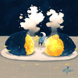 1other absurdres artist_name backpack bag blue_jacket commentary fish flying_fish food food_focus gloves helmet highres holding holding_food jacket kazunoko_(kazunoko_zunoco) mini_person original plate radio_antenna roasted_sweet_potato signature solo space space_helmet star_(sky) star_(symbol) steam sweet_potato white_gloves