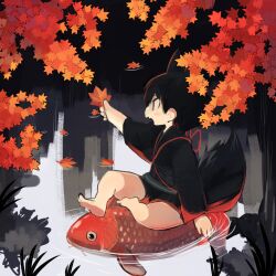 1boy animal_ears autumn autumn_leaves barefoot black_eyes black_hair black_kimono black_shorts commentary_request cotono_(nazekun) fang fox_boy fox_ears fox_tail japanese_clothes kimono koi leaf male_focus open_mouth original shorts sitting skin_fang solo tail