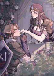 1boy 1girl animal_ear_piercing armor black_gloves blonde_hair blue_eyes blush brown_hair commentary dress elbow_gloves english_commentary fingerless_gloves flower gloves green_hat green_tunic grey_eyes hat highres holding_hands hylian_shield kiss kissing_hand kurokawa_karasu link lips long_hair looking_at_another nintendo parted_lips pauldrons piercing pink_lips pointy_ears princess_zelda profile purple_dress red_flower red_rose rose shield short_hair shoulder_armor signature the_legend_of_zelda the_legend_of_zelda:_twilight_princess tunic twitter_username white_flower white_gloves white_rose