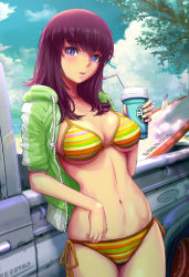 1girl beach bikini cloud day drink drinking_straw female_focus flatbed_truck green_jacket haitaka highres jacket kei_truck looking_at_viewer md5_mismatch motor_vehicle multicolored_stripes open_mouth original outdoors parka pickup_truck purple_eyes purple_hair resolution_mismatch side-tie_bikini_bottom sky solo source_smaller starbucks striped_bikini striped_clothes surfboard swimsuit tree truck yellow_bikini
