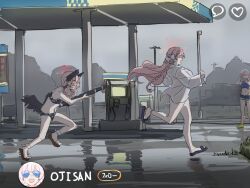 4girls bikini black_bikini black_wings blue_archive bolt_action braid chasing clich51368861 feathered_wings fleeing floral_print front-tie_bikini_top front-tie_top full_body gas_station grand_theft_auto grand_theft_auto_vi gun halo hanako_(blue_archive) hanako_(swimsuit)_(blue_archive) head_wings highres holding holding_gun holding_weapon hoshino_(blue_archive) hoshino_(swimsuit)_(blue_archive) koharu_(blue_archive) koharu_(swimsuit)_(blue_archive) low_twintails low_wings multiple_girls official_alternate_costume oversized_clothes oversized_shirt p14_enfield parody pink_hair pink_halo print_bikini rifle running scene_reference seaside_sukeban_(smg)_(blue_archive) shirt side_braid slippers sunglasses swimsuit tinted_eyewear twintails weapon wings
