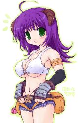 1girl 2000s_(style) ahoge bad_id belt belt_buckle bikini bikini_top_only blue_shorts blush breasts brown_belt brown_gloves brown_horns buckle charm_(object) commentary_request covered_erect_nipples cowboy_shot fingerless_gloves fur-trimmed_shorts fur_trim gloves green_eyes horns large_breasts long_hair looking_at_viewer midriff navel notice_lines oekaki open_mouth poring purple_hair ragnarok_online shigeryun short_shorts shorts simple_background solo star_(symbol) swimsuit underboob white_background white_bikini whitesmith_(ragnarok_online)