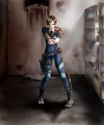 1girl aiming aiming_at_viewer blue_eyes blue_wetsuit bodysuit bookshelf brown_hair diving_suit gun handgun highres holding holding_gun holding_weapon jill_valentine long_hair looking_at_viewer low_ponytail ponytail resident_evil resident_evil:_revelations wasabi_(legemd) weapon wetsuit