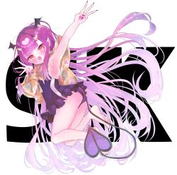 1girl 3_(8315684) alternate_costume arm_up armpits bare_legs barefoot demon_girl demon_horns demon_tail female_focus fingernails frilled_one-piece_swimsuit frills from_below from_side hand_up head_wings highres horns jumping loli long_fingernails long_hair looking_at_viewer looking_to_the_side maou-jou_de_oyasumi nail_polish one-piece_swimsuit outstretched_arm pointy_ears purple_hair purple_nails purple_one-piece_swimsuit simple_background solo succyun swimsuit tail toes very_long_hair w white_background wings yellow_eyes