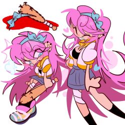 1girl aubrey_(faraway)_(omori) aubrey_(omori) bandaged_leg bandages black_socks blue_eyes blue_hairband blush closed_eyes crop_top ear_piercing fang grin hairband highres jacket jjamdal long_hair omori open_mouth parted_lips piercing pink_hair shoes short_sleeves smile sneakers socks solo teeth white_jacket