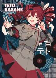 1girl absurdres ahoge belt black_belt black_sleeve_cuffs black_sleeves blue_background bow buttons character_name doodle_bunni double-breasted double-parted_bangs drill_hair flat_chest grey_background grey_jacket grey_skirt hair_between_eyes hair_bow hair_ribbon hands_up highres jacket kasane_teto kasane_teto_(sv) layered_skirt layered_sleeves long_sleeves looking_at_viewer microphone midriff_peek musical_staff musical_staff_print open_mouth record red_eyes red_hair red_skirt red_trim ribbon shoulder_belt shoulder_boards skirt skirt_set solo striped_clothes striped_jacket striped_skirt synthesizer_v teeth twin_drills upper_body upper_teeth_only utau v white_bow white_ribbon