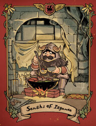 1boy black_hair border bottle bowl bread brick_wall campfire character_name cooking curtains dungeon_meshi dwarf fake_horns fire food helmet highres holding holding_bowl holding_ladle horned_helmet horns ladle male_focus petermann plant rope_ladder senshi_(dungeon_meshi) sitting solo soup standing vines wok yellow_border