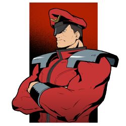1boy absurdres armor black_trim brown_hair closed_mouth cropped_torso crossed_arms frown hat highres jacket looking_ahead m._bison male_focus military_hat muscular muscular_male no_pupils pauldrons peaked_cap profile red_jacket sach56000 short_sideburns shoulder_armor solo street_fighter