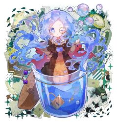 1girl blue_eyes blue_hair book bright_pupils brown_dress bubble capelet commentary_request detective dress envelope footprints glint green_background hand_on_own_hip hero_(merc_storia) hibi89 holding holding_smoking_pipe inkwell jar jewelry key liquid_hair lock long_hair long_sleeves magnifying_glass merc_(merc_storia) merc_storia mini_person minigirl monocle necktie one_eye_closed photo_(object) pocket_watch purple_necktie quill ring smoking_pipe solo sparkle toto_(merc_storia) watch wax_seal white_background white_pupils