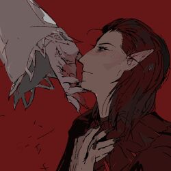 2boys baldur&#039;s_gate baldur&#039;s_gate_3 blush cazador_szarr dungeons_&amp;_dragons dungeons_&amp;_dragons fingernails long_fingernails looking_at_another medium_hair multiple_boys pointy_ears portrait red_background red_eyes red_hair vellioth vihua6 yaoi