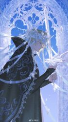 1boy arched_window bandaged_head bandages black_cape black_robe blonde_hair blue_eyes blue_sky cape chinese_commentary closed_mouth cowboy_shot crown crystal_sword expressionless fai_d._flowright from_side hair_between_eyes highres holding holding_sword holding_weapon ice ice_shard lace-trimmed_cape lace_trim long_sleeves looking_ahead male_focus patterned_clothing profile robe sky sleeves_past_wrists solo sword sword_in_front_of_face tsubasa_chronicle watermark weapon weibo_watermark window yuefanfan
