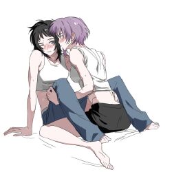 Rule 34 | 2girls, bang dream!, bang dream! it&#039;s mygo!!!!!, bare arms, barefoot, black hair, black skirt, blue eyes, blue pants, blush, closed mouth, commentary request, gommotheworld, hand on another&#039;s waist, head between knees, highres, korean commentary, long hair, looking at another, multiple girls, pants, pink eyes, purple hair, short hair, simple background, skirt, tank top, toes, white background, white tank top, yahata umiri, yuri, yuutenji nyamu