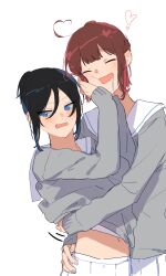 2girls absurdres black_hair blue_eyes brown_hair closed_eyes clothes_lift commentary drooling grey_shirt hand_under_clothes hand_under_shirt highres ll_446 long_hair long_sleeves multiple_girls open_mouth original pleated_skirt sailor_collar saliva school_uniform serafuku shirt shirt_lift simple_background skirt white_background white_sailor_collar white_skirt yuri