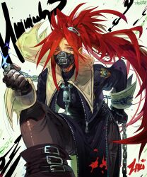 Rule 34 | 1girl, absurdres, artist name, belt, black bodysuit, black footwear, black gloves, black jacket, black pantyhose, bodysuit, breasts, chain, chain hairband, commentary, cropped jacket, delinquent, emblem, english commentary, feet out of frame, foreshortening, gloves, high ponytail, highres, himezaki aoi, holding, holding chain, jacket, justice gakuen, knee up, large breasts, leaning forward, lock, long hair, long sleeves, looking at viewer, mask, moero! justice gakuen, mouth mask, open clothes, open jacket, pantyhose, ponytail, purple eyes, red hair, school uniform, serafuku, shpr0ta, solo, sparkle, squinting, turtleneck, turtleneck bodysuit, unzipped, white background, white serafuku, zipper, zipper pull tab