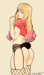 1girl absurdres artist_name ass black_garter_belt blonde_hair blue_eyes blunt_bangs candy crop_top facing_viewer fishnets food garter_belt highres holding holding_candy holding_food holding_lollipop ice_hkw kitagawa_marin lingerie lollipop long_hair multicolored_hair one_eye_closed original parted_lips red_shirt shirt signature skindentation solo sono_bisque_doll_wa_koi_wo_suru spanked underwear
