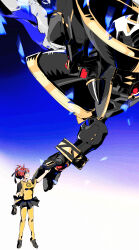 Rule 34 | 1girl, absurdres, aiba ami, alphamon, armor, black armor, black helmet, black shirt, black skirt, blue background, blue eyes, dawu233, digimon, digimon (creature), digimon story: cyber sleuth, gradient background, helmet, highres, knight, miniskirt, pleated skirt, red hair, shirt, side ponytail, skirt, standing, two-tone shirt, yellow eyes, yellow shirt