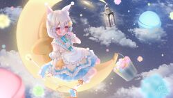 1girl :o animal_ear_fluff animal_ears apron back_bow blue_bow blue_bowtie bow bowtie braid button_hair_ornament candy cloud cloudy_sky commentary_request crescent_moon detached_sleeves dress eating food frilled_apron frilled_wrist_cuffs frills full_body hair_between_eyes hair_ornament hairclip hanamaru_lily highres holding holding_food holding_net konpeitou layered_dress long_hair looking_at_viewer mismatched_pupils moon nufucha open_mouth original puffy_detached_sleeves puffy_sleeves red_eyes sitting sky sleeveless sleeveless_dress solo star-shaped_pupils star_(symbol) star_hair_ornament symbol-shaped_pupils twin_braids waist_apron white_apron white_hair white_wrist_cuffs wrist_cuffs yellow_dress yellow_sleeves