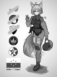Rule 34 | 1girl, absurdres, ace combat, ace combat 7, animal ears, breasts, commentary, english commentary, flight suit, fox ears, fox girl, fox tail, g-suit, genderswap, genderswap (mtf), grey background, greyscale, helmet, highres, holding, holding helmet, large breasts, looking at viewer, medium hair, monochrome, one eye closed, seventeenth of 4, solo, tail, trigger (ace combat), w