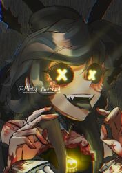 Rule 34 | 1girl, :d, black dress, black mouth, black sclera, blood, chromatic aberration, colored sclera, commentary, cyn (murder drones), dress, english commentary, extra hands, fangs, grey hair, grey tongue, highres, long hair, looking at viewer, mechanical arms, minty greenzy, murder drones, open mouth, portrait, sidelocks, simple background, smile, teeth, upper teeth only, vest, yellow eyes