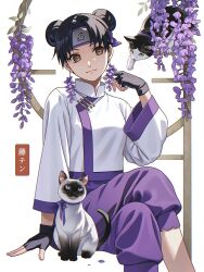 1girl black_hair brown_eyes cat double_bun fingerless_gloves flower forehead_protector gloves hair_bun highres konohagakure_symbol naruto_(series) short_hair solo tenten_(naruto) usao_(313131) violet_(flower)