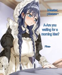 1girl absurdres apron averting_eyes black_dress black_hair blue_eyes blush braid breasts ceiling dress english_text hair_intakes hat highres hololive hololive_english indoors juliet_sleeves koizumi_arata long_hair long_sleeves low_twin_braids maid maid_apron mob_cap official_alternate_costume official_alternate_hairstyle open_mouth ouro_kronii ouro_kronii_(maid) parted_lips puffy_sleeves solo tsundere twin_braids virtual_youtuber white_apron