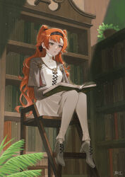 Rule 34 | 1girl, artist name, bei 18, book, book on lap, bookshelf, checkered hairband, dress, full body, green eyes, grey cloak, grey footwear, grey sleeves, hairband, high collar, highres, indoors, library, long hair, looking down, on chair, open book, orange hair, pants, pants under dress, parted lips, plant, potted plant, reading, reverse:1999, short dress, signature, sitting, solo, sonetto (reverse:1999), sunlight, two side up, very long hair, white dress, white pants