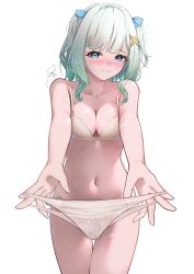 1girl absurdres blue_eyes blue_ribbon blush bottomless bra breasts cleavage commentary english_commentary gradient_hair green_hair hair_ornament hair_ribbon highres holding holding_panties holding_underwear holding_unworn_clothes indie_virtual_youtuber lace lace_panties looking_at_viewer medium_breasts medium_hair mint_fantome multicolored_hair navel panties panties_day presenting_removed_panties ribbon signature simple_background solo syxh two_side_up underwear underwear_only unworn_panties virtual_youtuber white_background white_bra white_hair white_panties x_hair_ornament