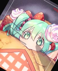 1girl chibi crepe eating food fruit gradient_hair green_eyes green_hair hair_ornament hatsune_miku highres in_food mini_person minigirl multicolored_hair naimaze_atakamo recording solo strawberry taking_picture tearing_up thick_eyebrows twintails vocaloid wavy_eyes whipped_cream